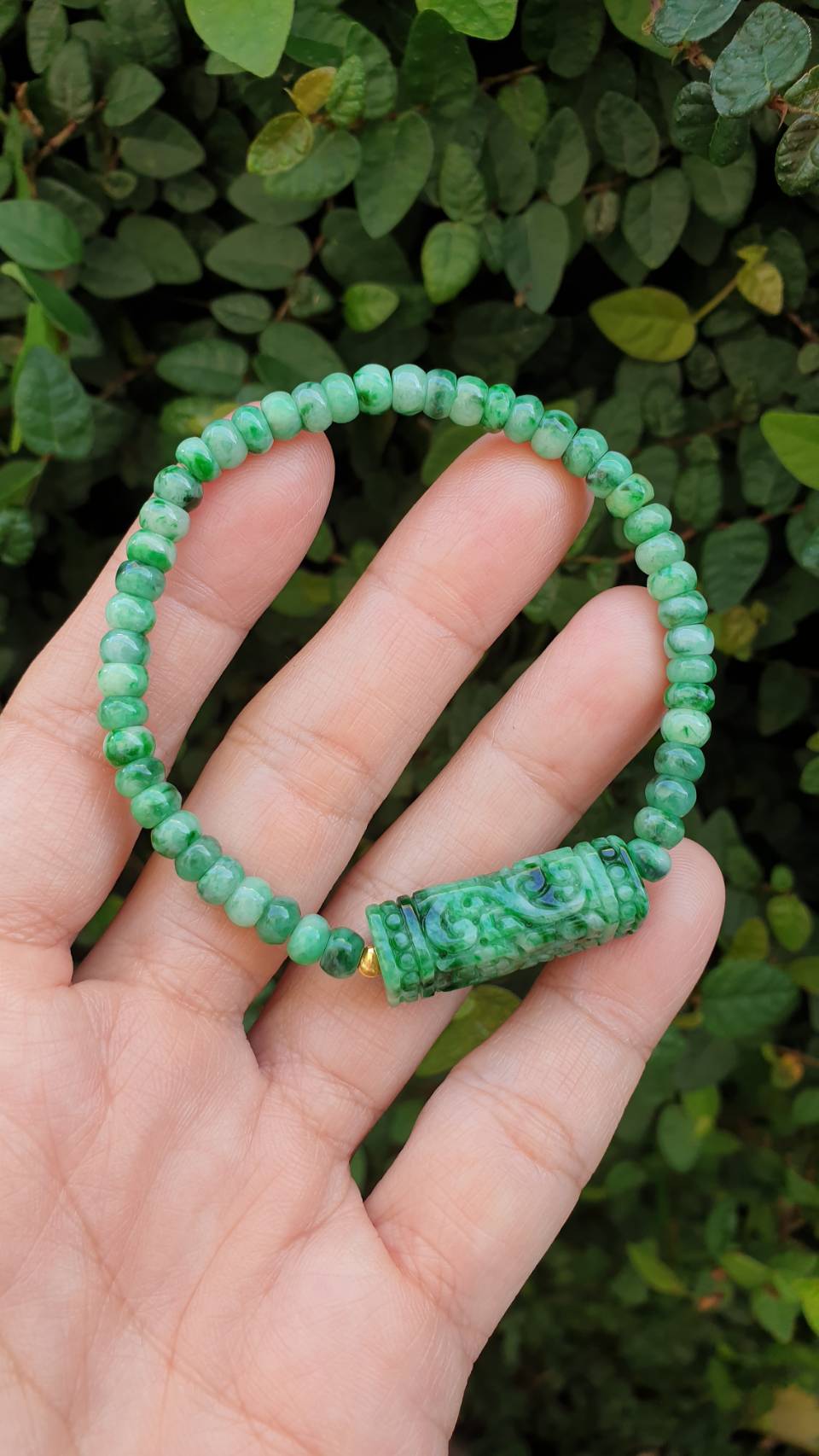 Green Jade Ru Yi Cylinder Bracelet 17cm Fei Cui Type A Jadeite Abacus Beads and Charm