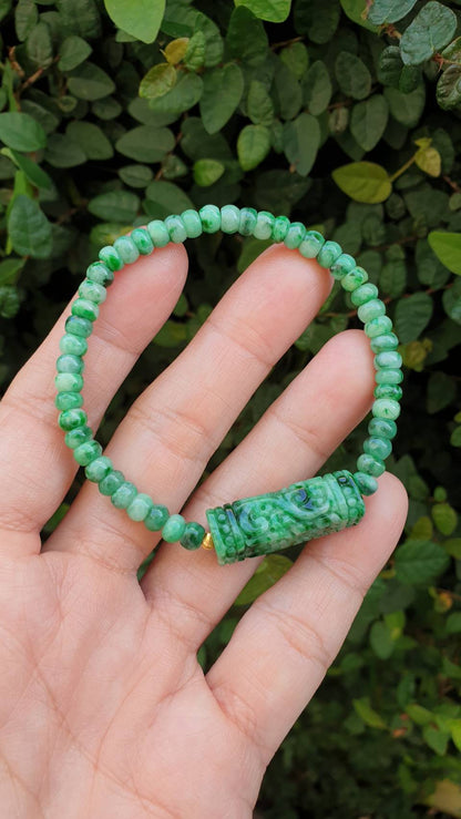 Green Jade Ru Yi Cylinder Bracelet 17cm Fei Cui Type A Jadeite Abacus Beads and Charm