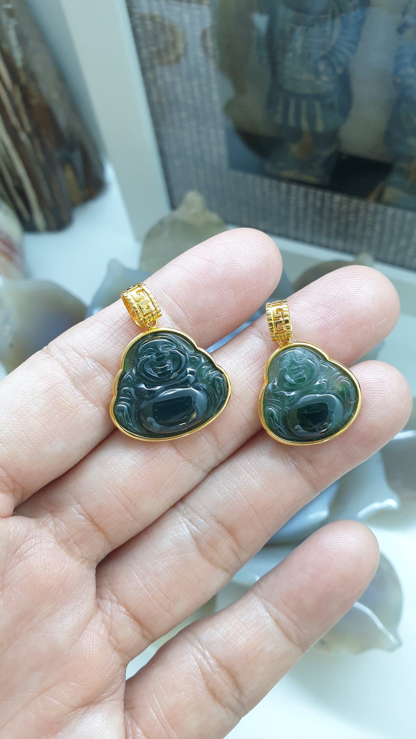 Blue Jade Happy Buddha Pendant | 18K Gold Setting | Wealth & Fortune Jewelry