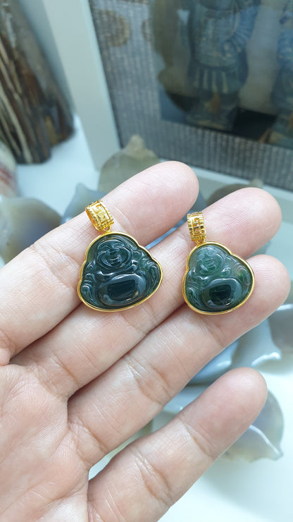 Blue Jade Happy Buddha Pendant | 18K Gold Setting | Wealth & Fortune Jewelry