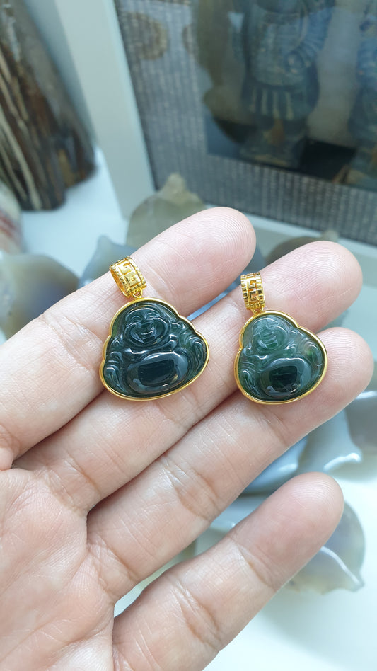 Blue Jade Happy Buddha Pendant | 18K Gold Setting | Wealth & Fortune Jewelry