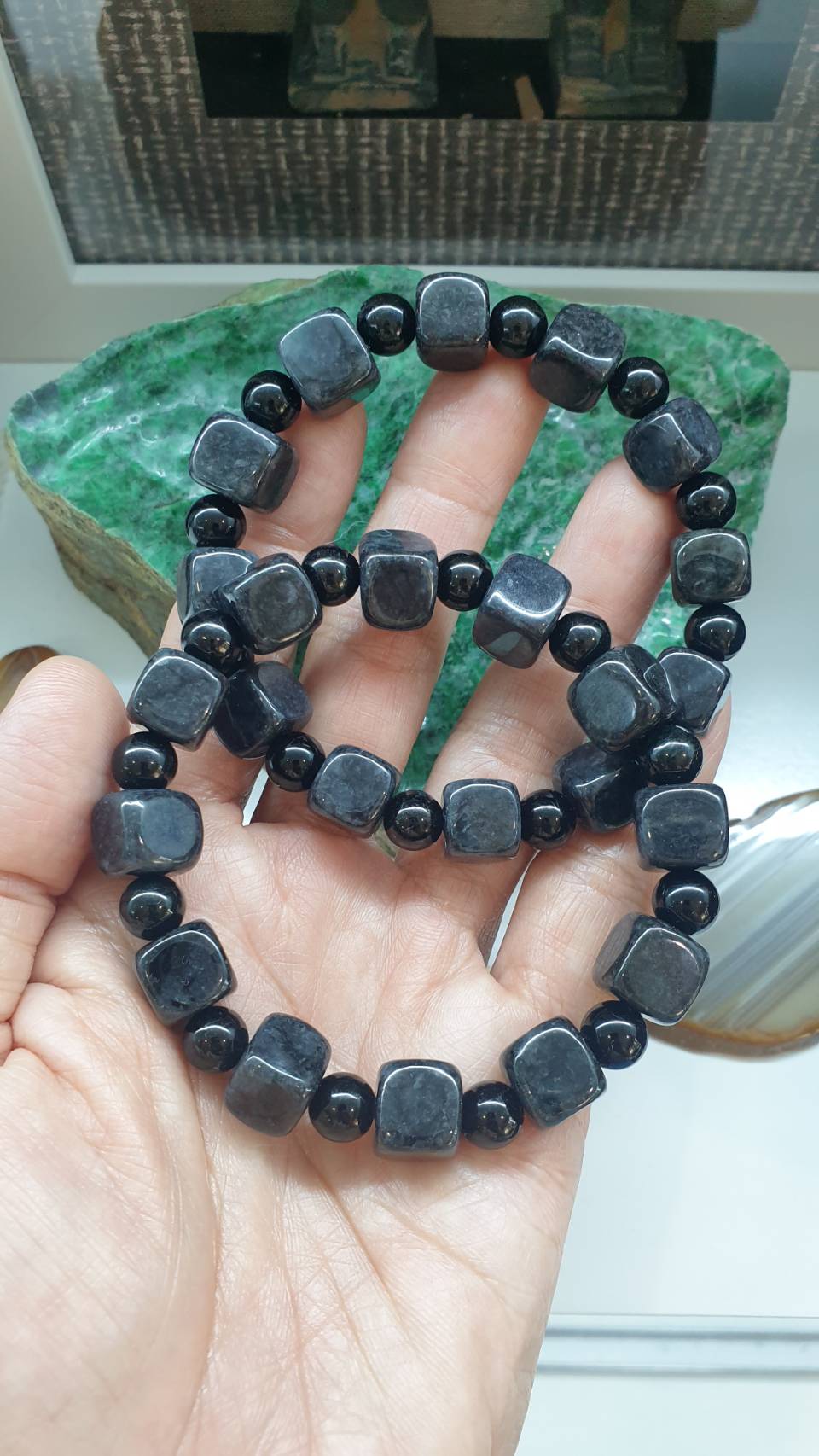 Natural Black Jadeite 18cm Bracelet Myanmar Jade with Cube and Round Beads