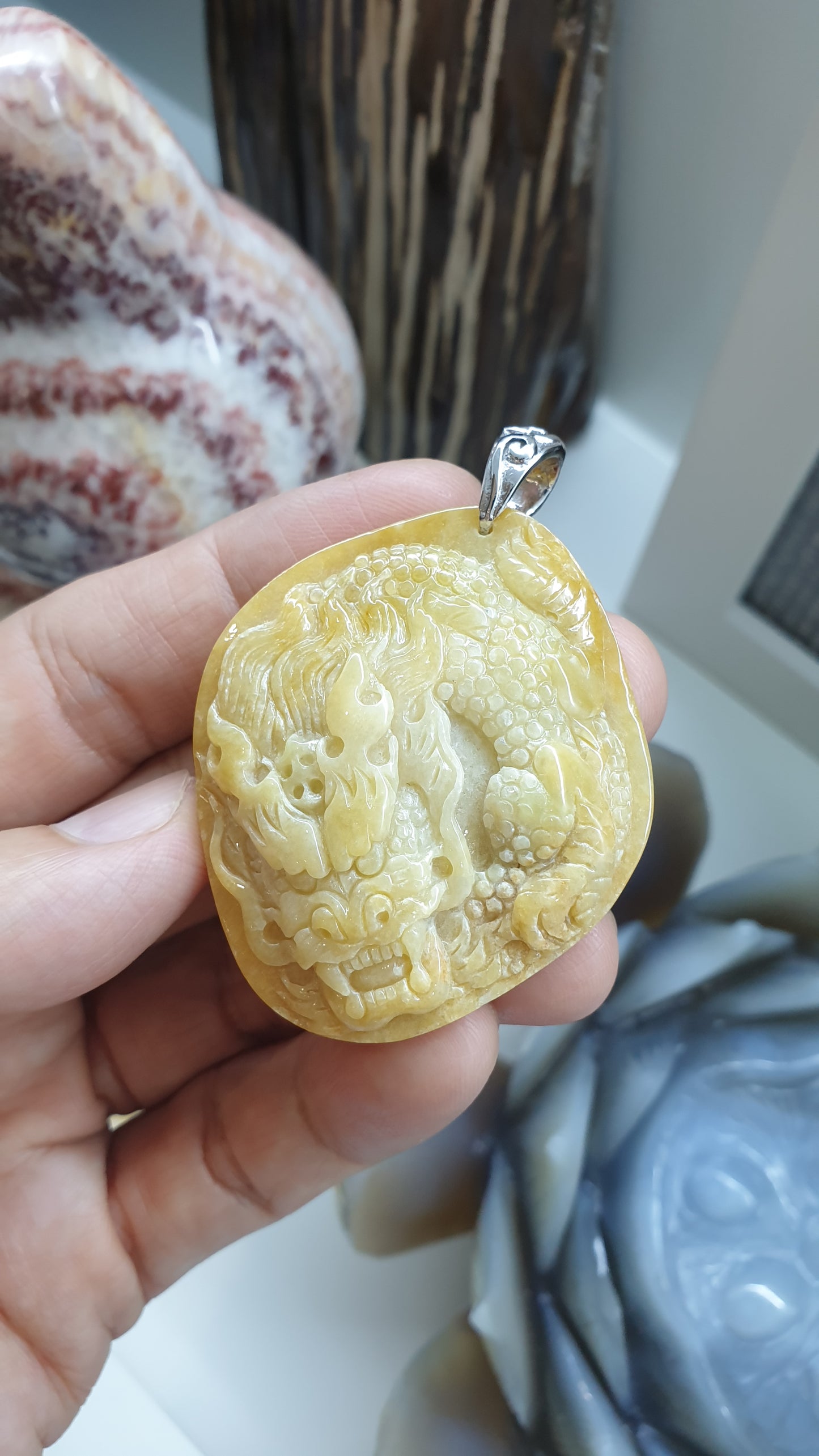 Genuine Honey Jade Dragon Pendant 🐉| Type A Natural Jadeite | Authentic Sterling Silver