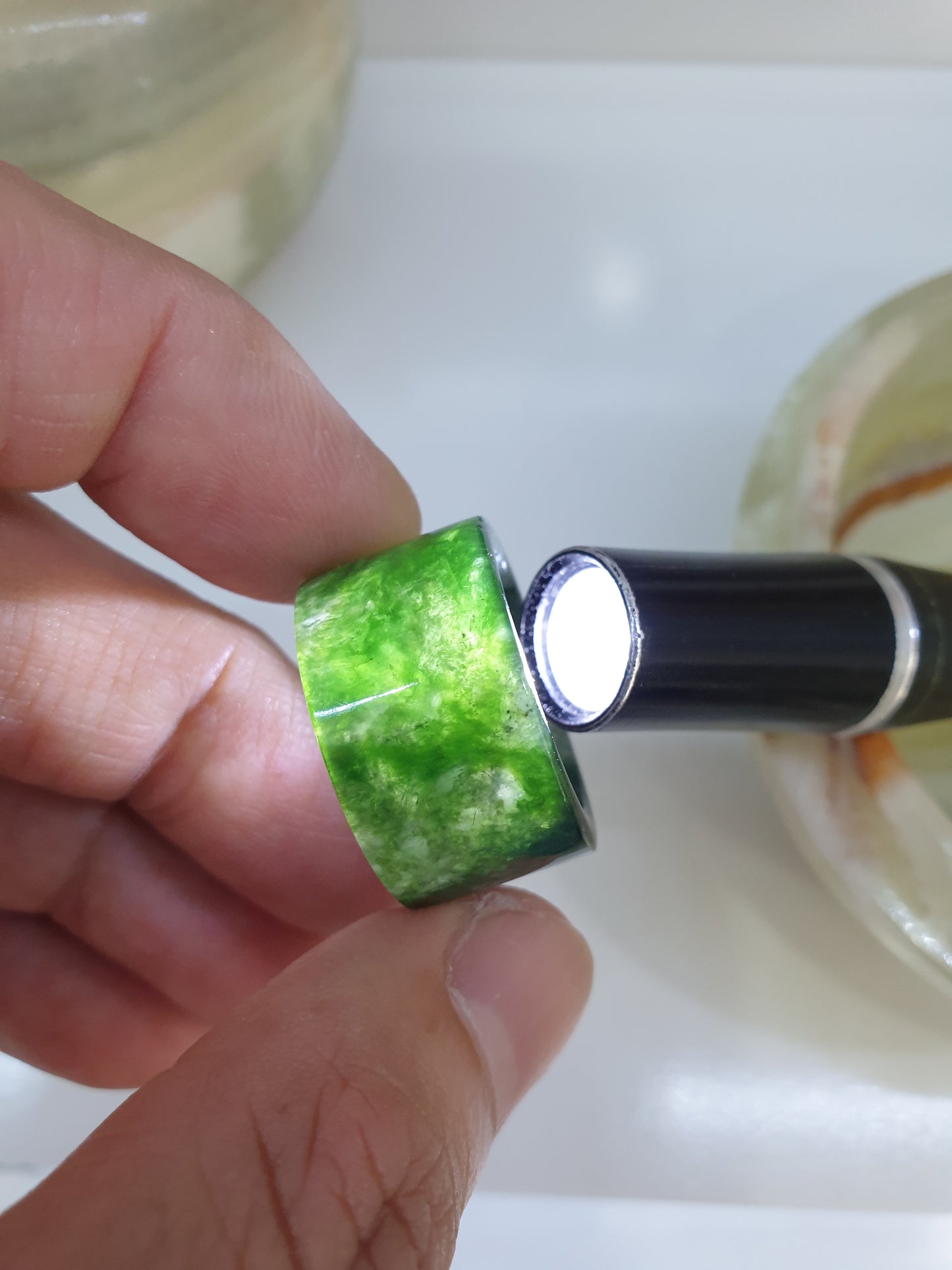 Marbled Green Jade Ring Type A Natural Jadeite Fei Cui Size 9.25 US
