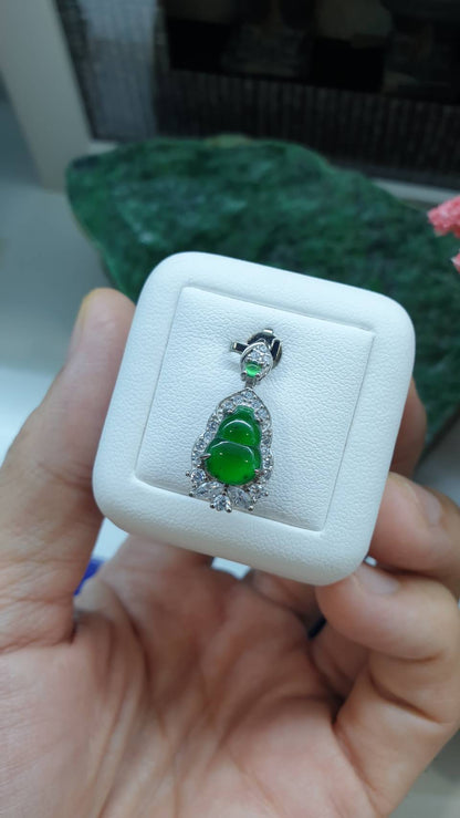 Jade Wu Lou Sterling Silver Locket Pendant Type A Natural Imperial Green Jadeite