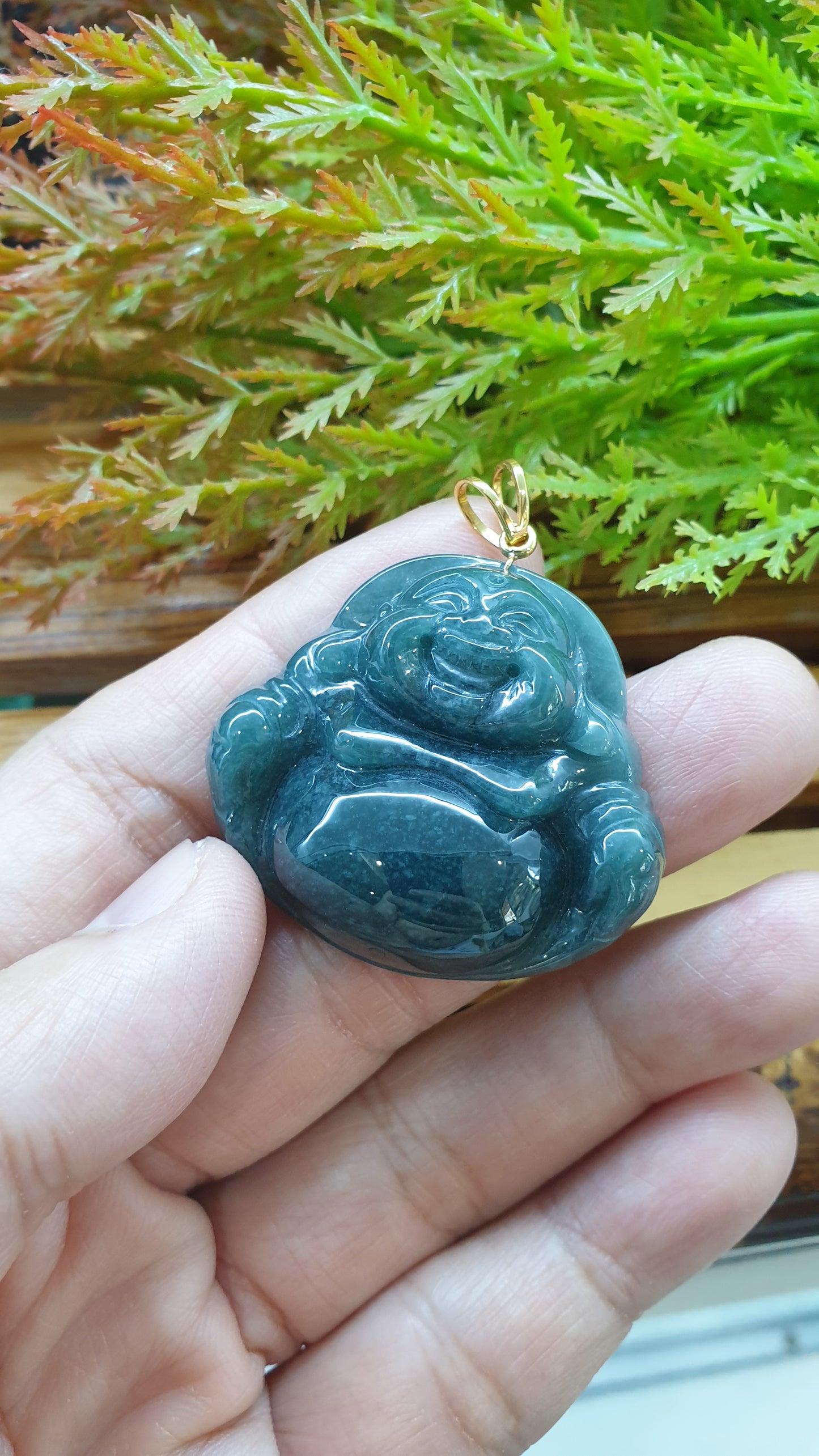 14K Solid Gold Jade Budai Prosperity Pendant Type A Natural Blue Jadeite
