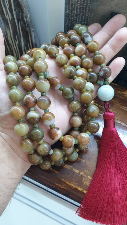 108 Beads Japa Mala Brown Jadeite 13.5mm Type A Natural Meditation Necklace