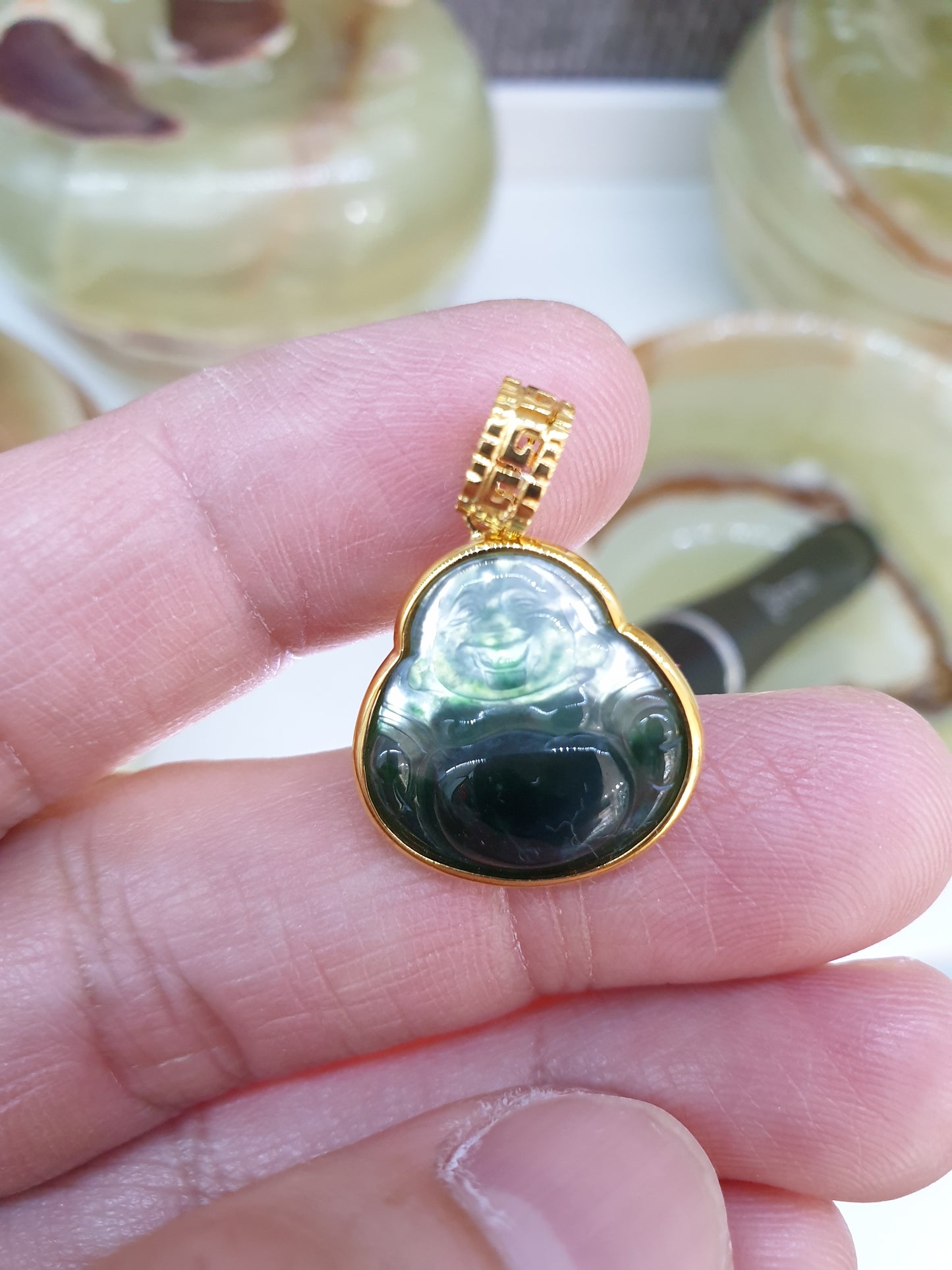 Blue Jade Happy Buddha Pendant | 18K Gold Setting | Wealth & Fortune Jewelry
