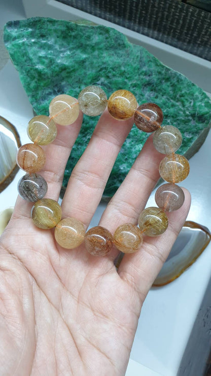 Multicolor Rutilated Quartz Bracelet 18 cm, Natural Quartz Beads 14.5 mm