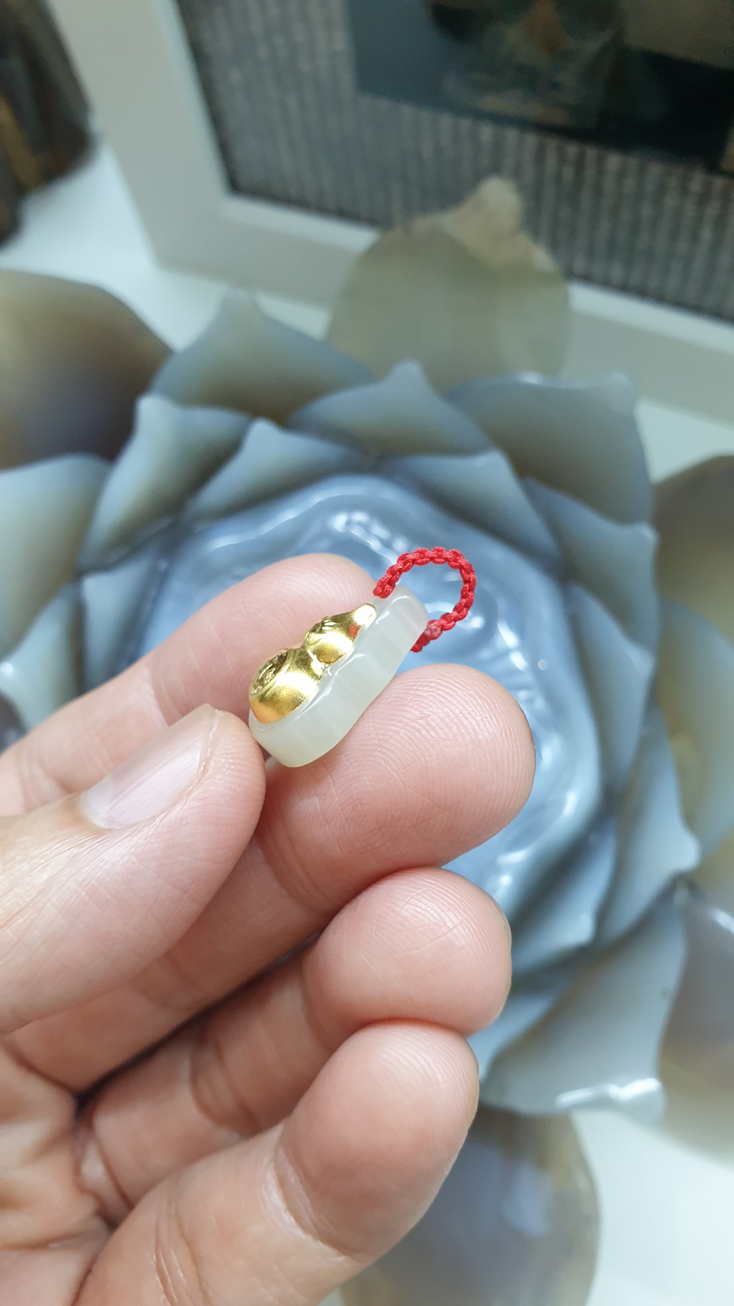 24K Gold Hulu Gourd Pendant |(4D Printed / Coated) | Natural Hetian Jade | Lucky Red Thread