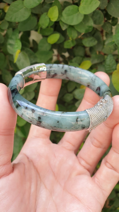 Jade Split Bangle S57 Type A Natural Blue Jadeite Sterling Silver Designer Locks