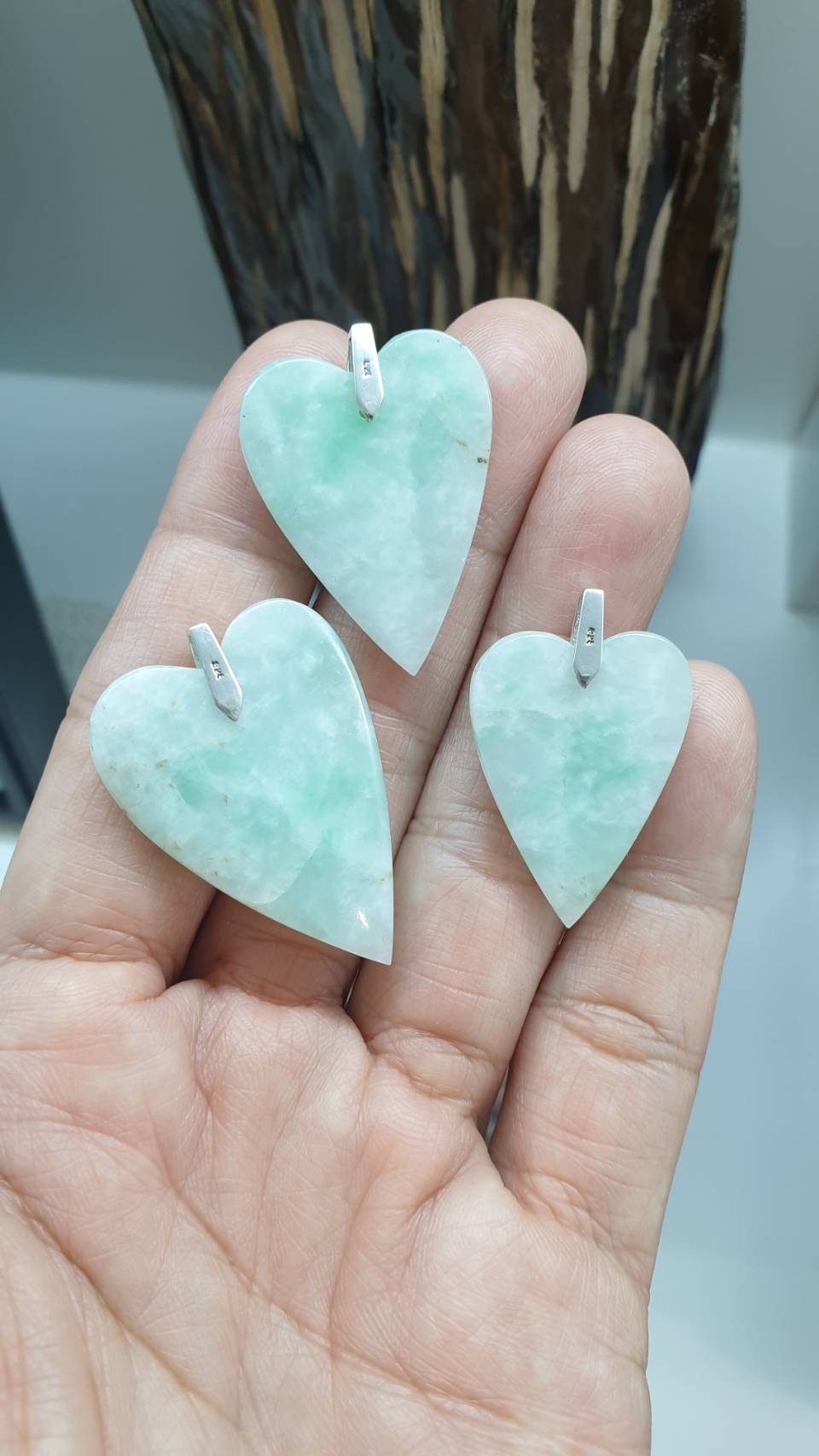 Moss in Snow Jade Heart Pendant (Selection) | Fei Cui - Type A Jadeite | Sterling Silver Bail