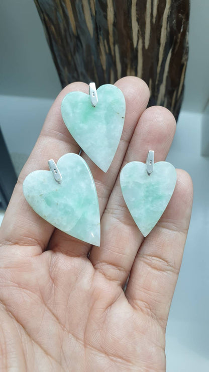Moss in Snow Jade Heart Pendant (Selection) | Fei Cui - Type A Jadeite | Sterling Silver Bail