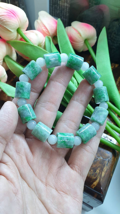 Jade Cylinder Beads Bracelets (18 cm) | Mottled Green, Type A Natural Jadeite | His or Hers Wrist Accessories