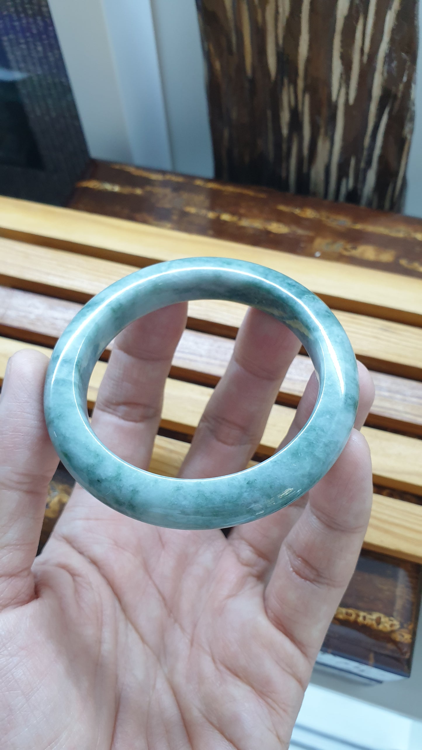 Jade Bangle S54 Type A Myanmar Natural Jadeite Marbled Bluish Green