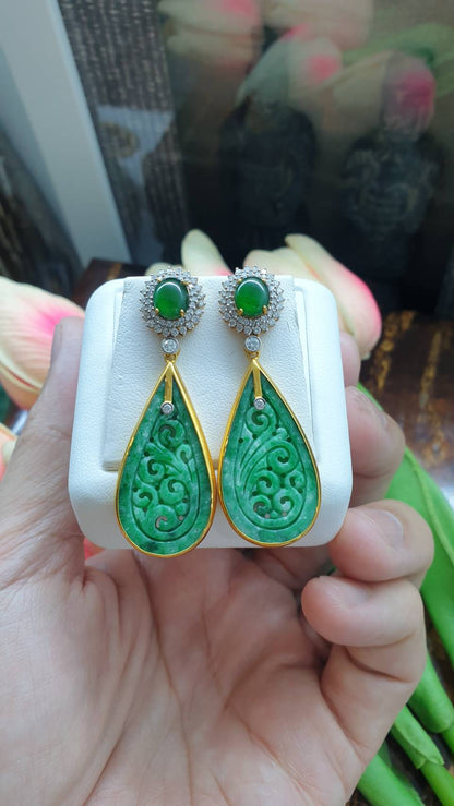 Ru Yi Jade Drop Earrings | Solid 18K Gold + Diamonds | Type A Natural Green Jadeite