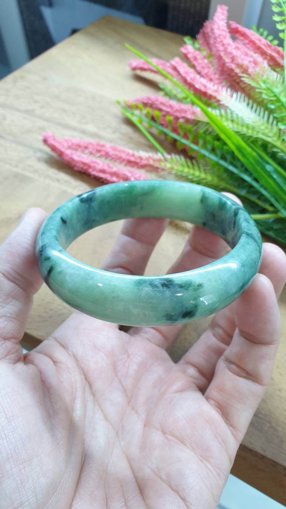 Jade Bangle S59 Type A Myanmar Jadeite Speckled Natural Yellow Green