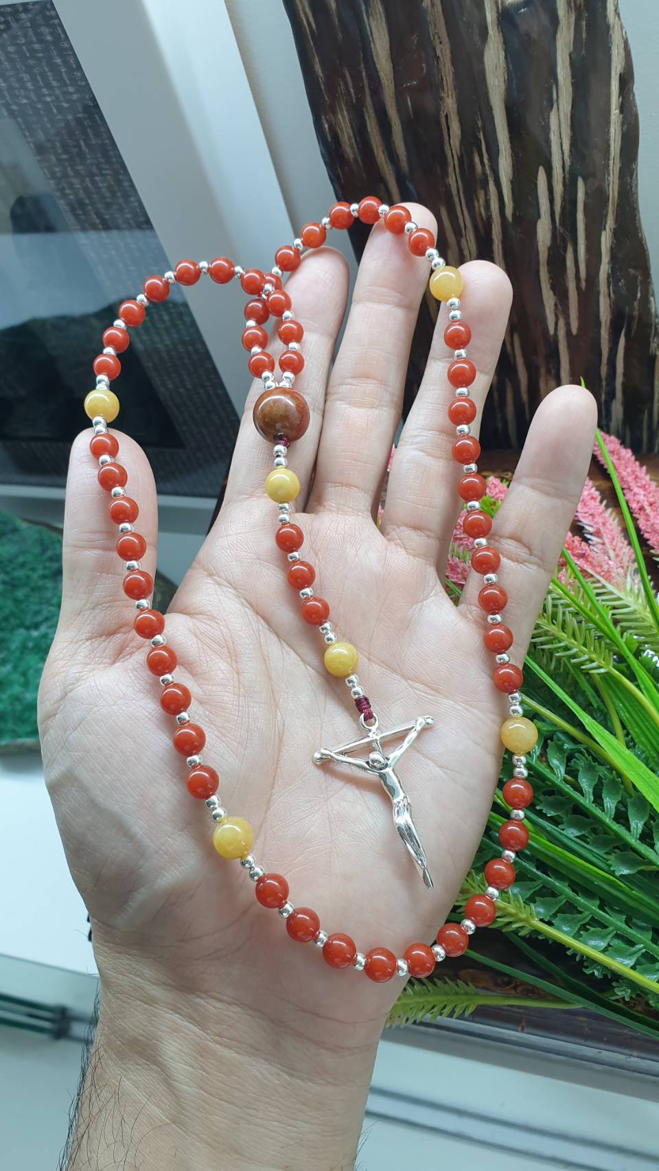 Red and Yellow Jade Rosary 24.5in Natural Myanmar Jadeite S925 Crucifix