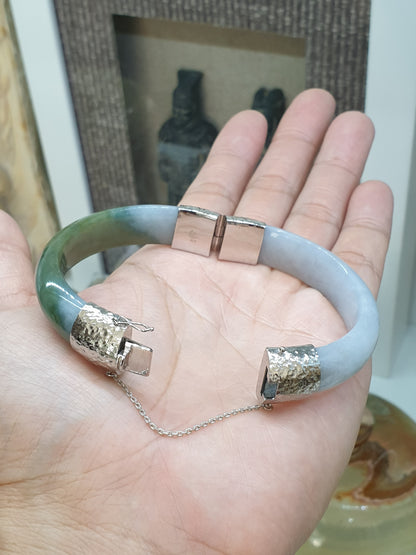 Lavender-Green Jade Split Bangle (S 60) | Sterling Silver | Type A Natural Jadeite | Eye Candy Wrist Accessory for Him or Her