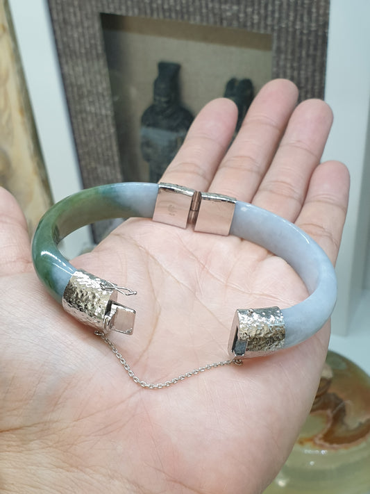 Lavender-Green Jade Split Bangle (S 60) | Sterling Silver | Type A Natural Jadeite | Eye Candy Wrist Accessory for Him or Her