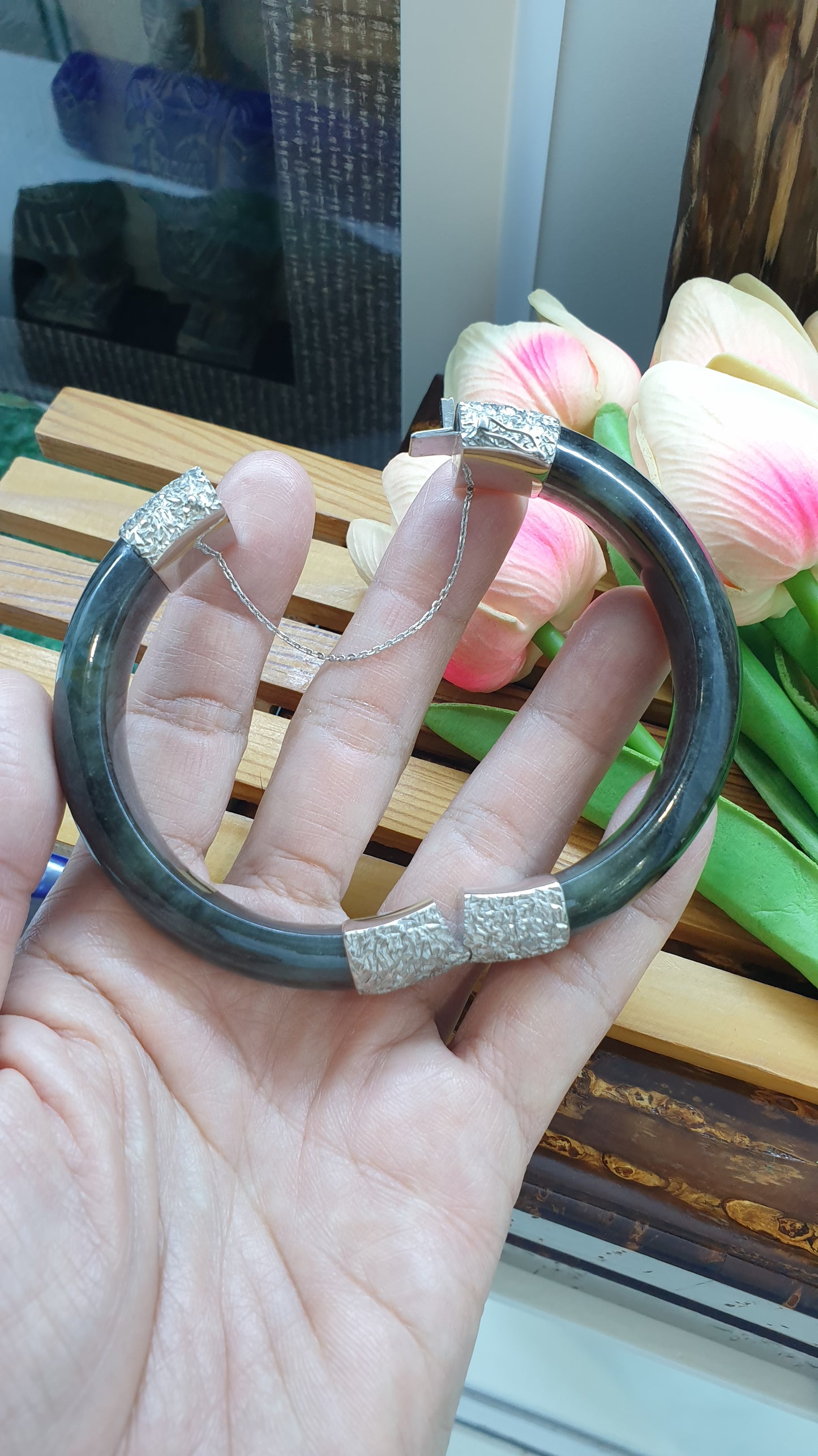 Jade Split Bangle S63 Natural Black Type A Myanmar Jadeite Sterling Silver Designer Locks