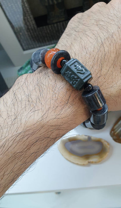 Type A Black Jadeite Bracelet 17cm with Mixed Beads and Red Jade Accents
