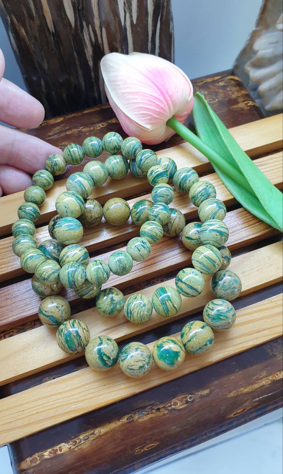 Chrysoprase in Golden Jasper Bracelets 17cm, Rare Natural Gemstone Beads