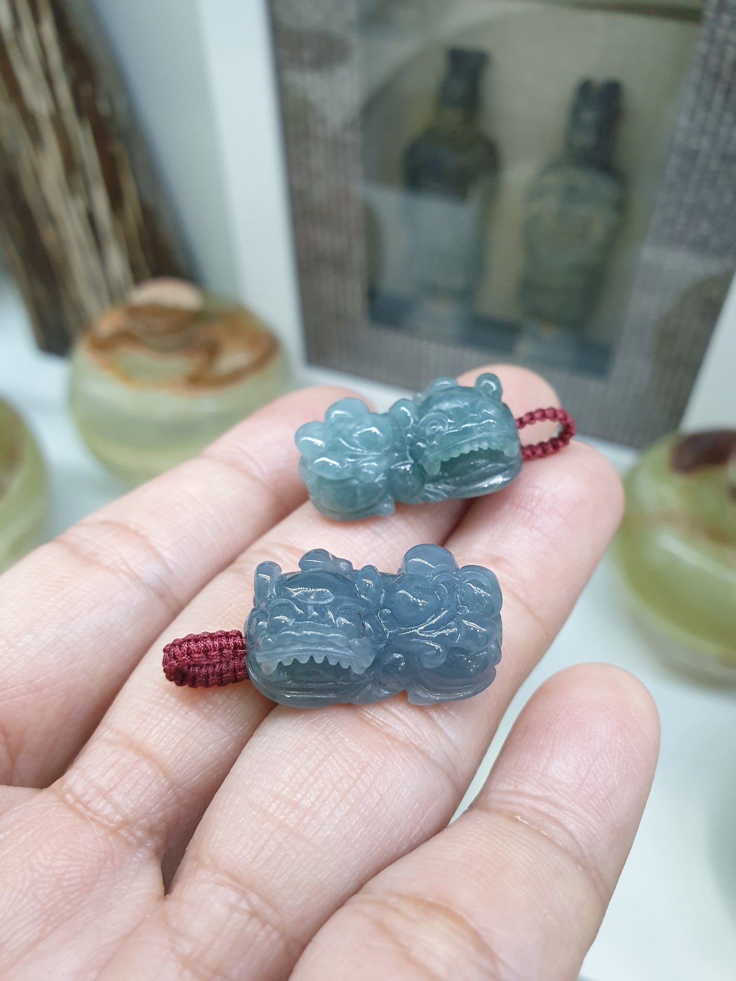 Blue Jade Pixiu Pendant (Random Pick) | Fei Cui - Type A Jadeite | Handwoven Thread Bail