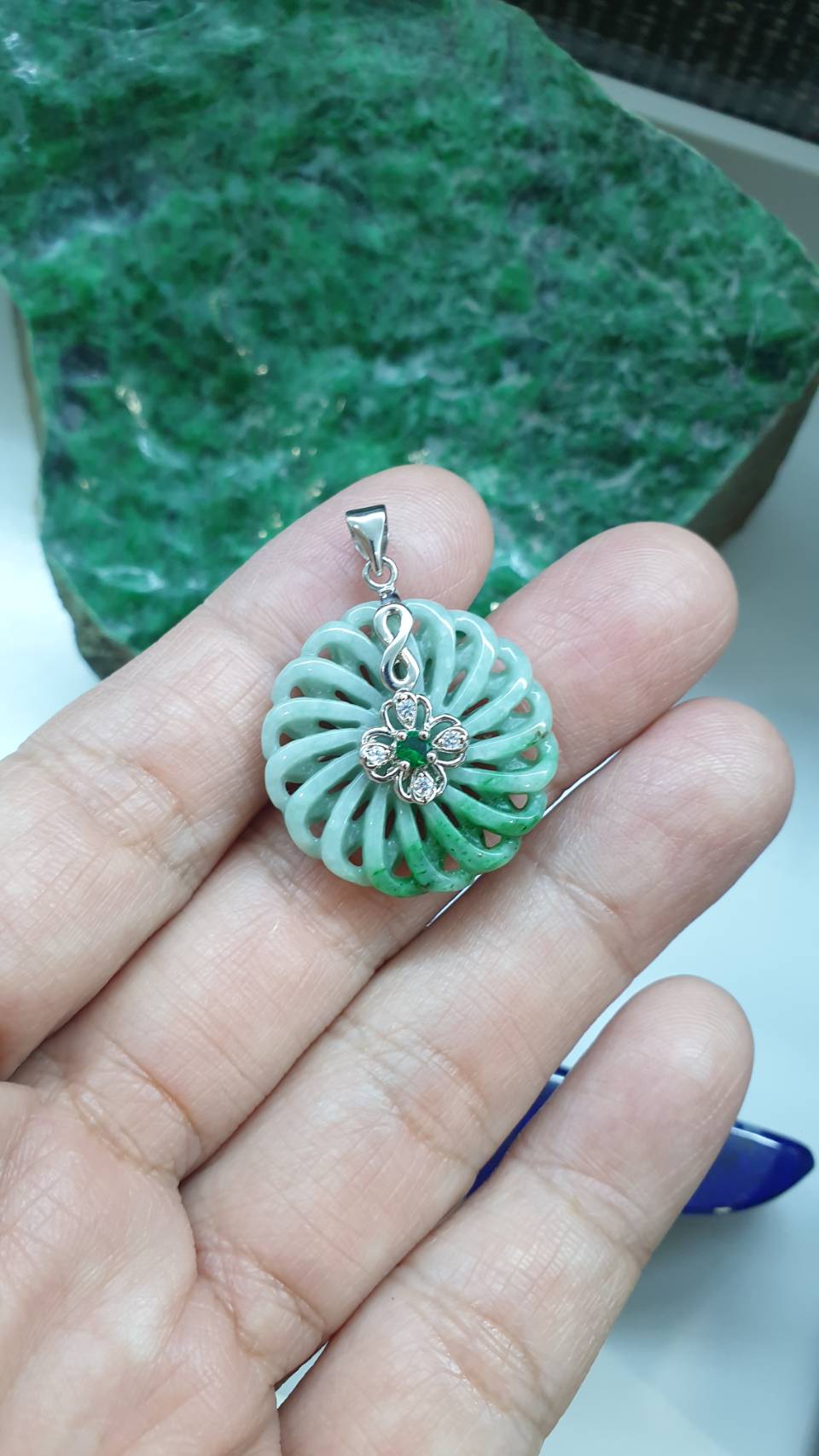 Jade Ventilator Sterling Silver Pendant Type A Green Jadeite Natural Two Tone