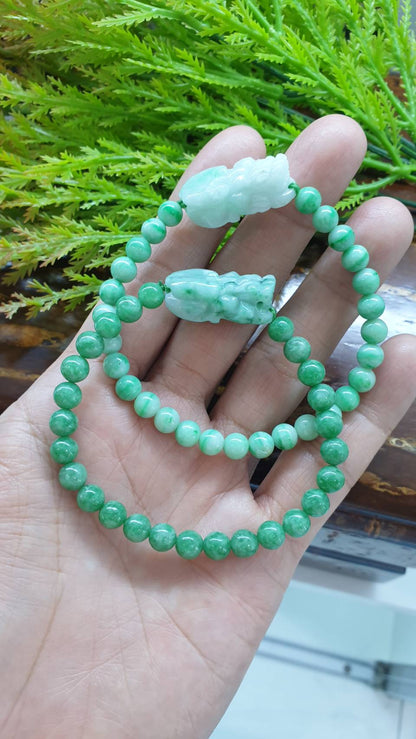 Jade Pixiu 17cm Bracelet - Type A Jadeite in Moss in Snow and Apple Green