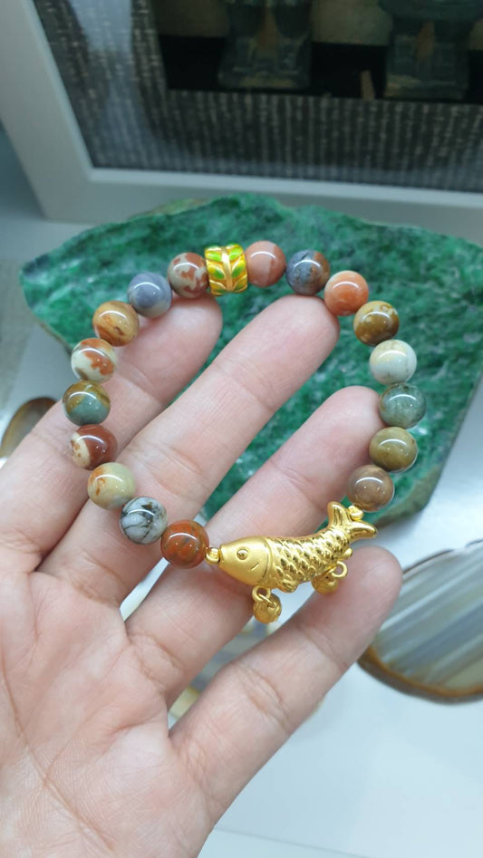 Wealth Prosperity Jasper Bracelet 16 cm - 24K Gold Koi Charm, Natural Semiprecious Stone