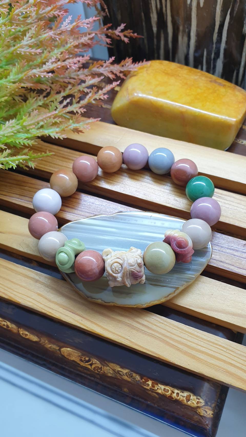 Alxa Jasper Singha Bracelet 17cm Earth Tone Natural Gemstone Beads and Charm