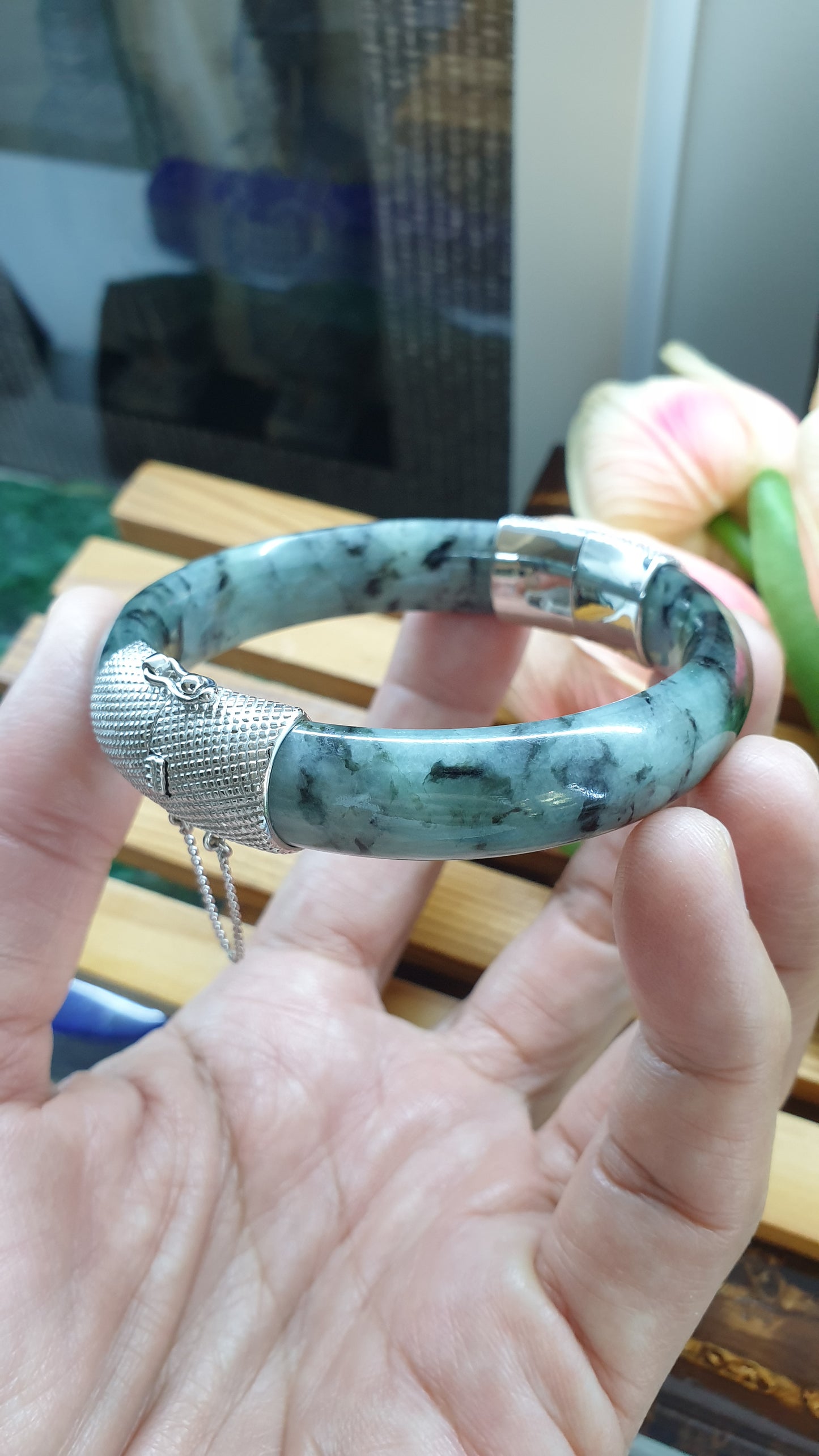 Jade Split Bangle S57 Type A Natural Blue Jadeite Sterling Silver Designer Locks