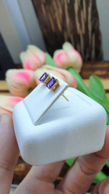 14K Gold Amethyst Princess Stud Earrings Natural Gemstones and Solid Gold