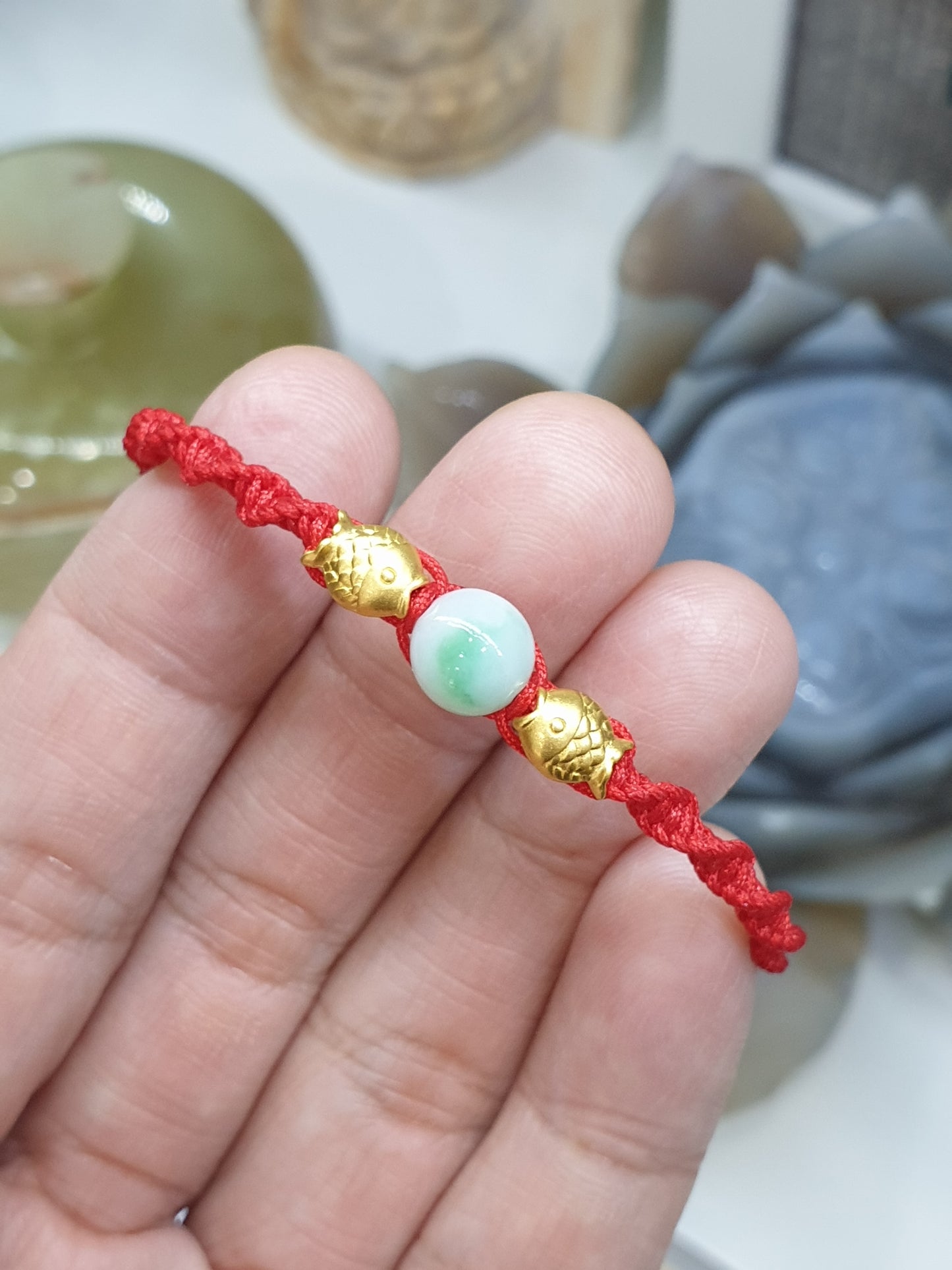 24K Pure Gold Koi Fish and Moss in Snow Jade Braided Bracelet Natural Jadeite