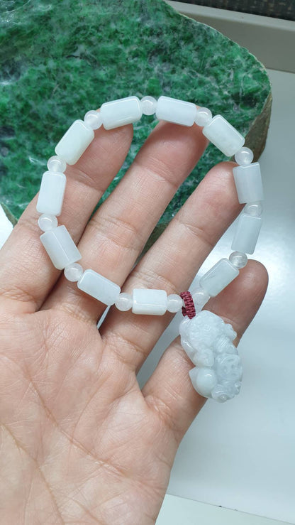 White Jade Pixiu Charm Bracelet 17cm Myanmar Type A Jadeite Cylinder Beads