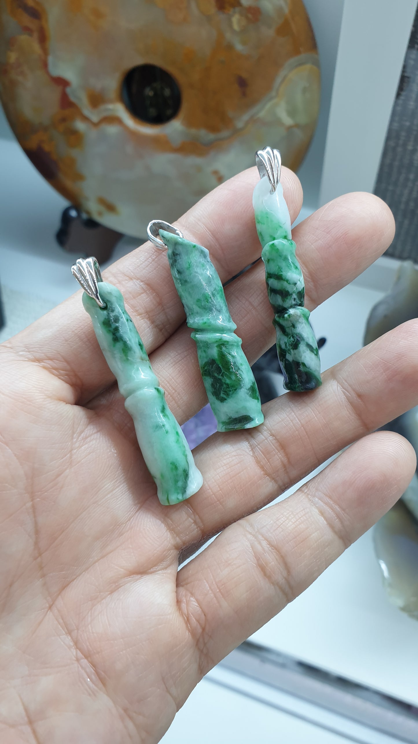 Jade Bamboo Cylinder Pendant Type A Natural Jadeite Sterling Silver S925