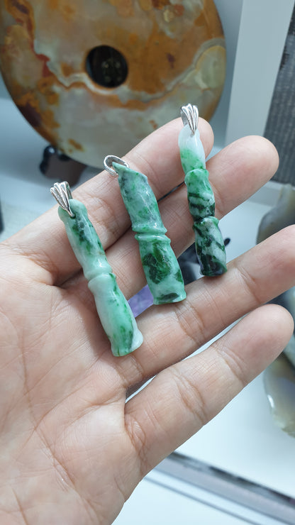 Jade Bamboo Cylinder Pendant Type A Natural Jadeite Sterling Silver S925