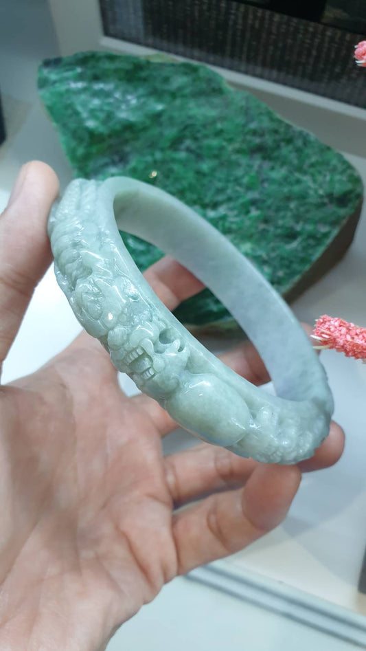 Plus Size Jade Dragon Vintage Bangle S76 Lavender Green Tone Type A Jadeite