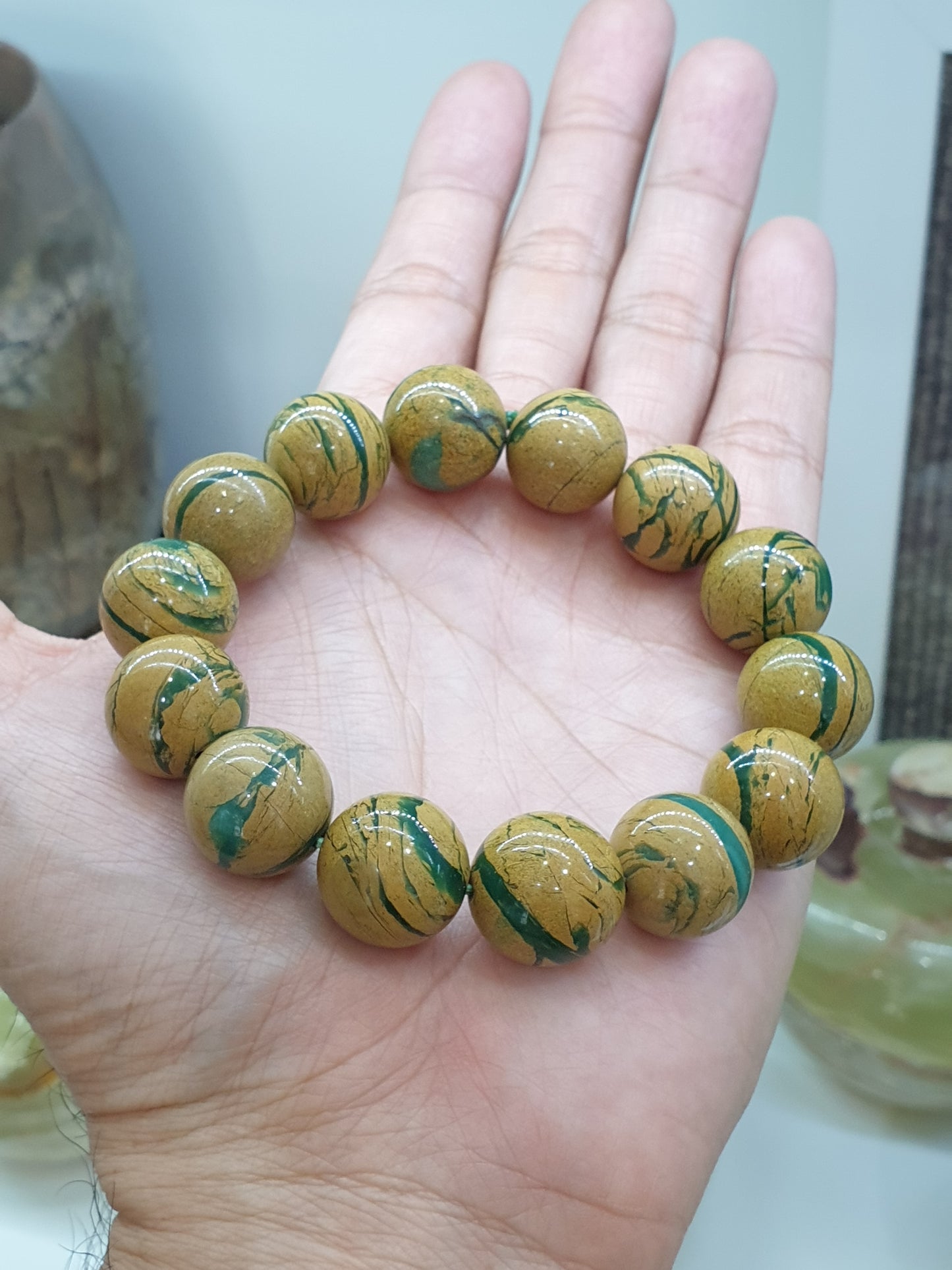 Chrysoprase in Golden Jasper Bracelets 17cm, Rare Natural Gemstone Beads
