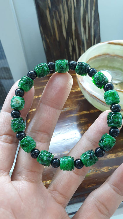 Natural Type A Jadeite Bracelet - Green Cylinder - Black Spacer Beads