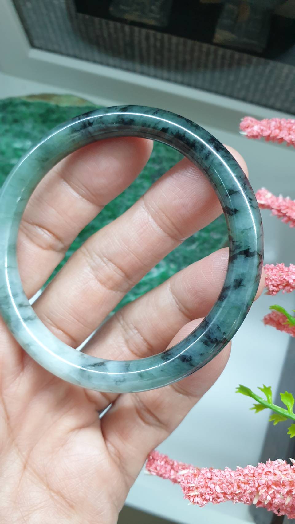 Cylindrical Jade Bangle S56 Slim Type A Natural Blue Jadeite Black Banded