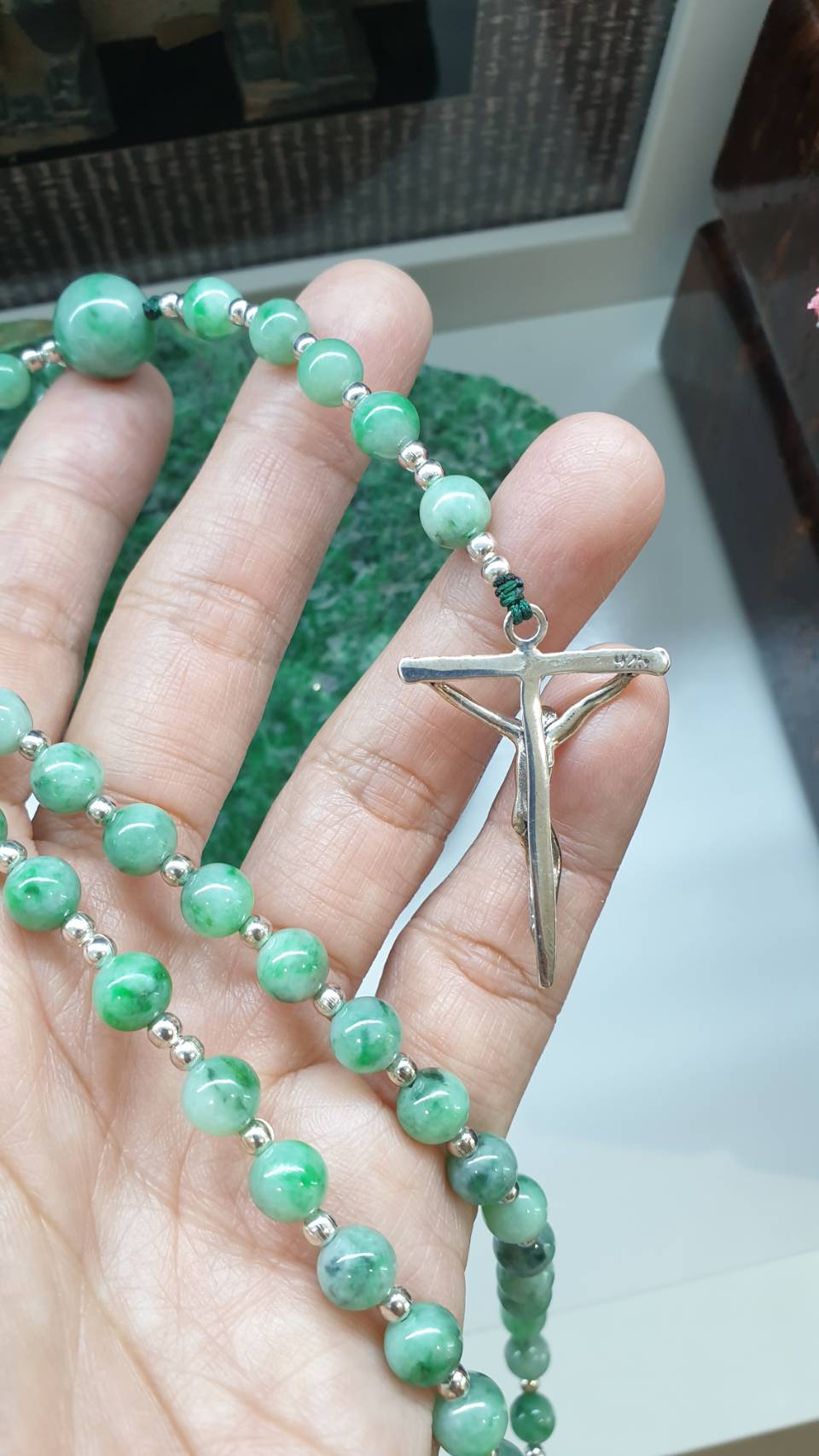 Green Jade Rosary 26in Type A Natural Myanmar Jadeite Sterling Silver Crucifix