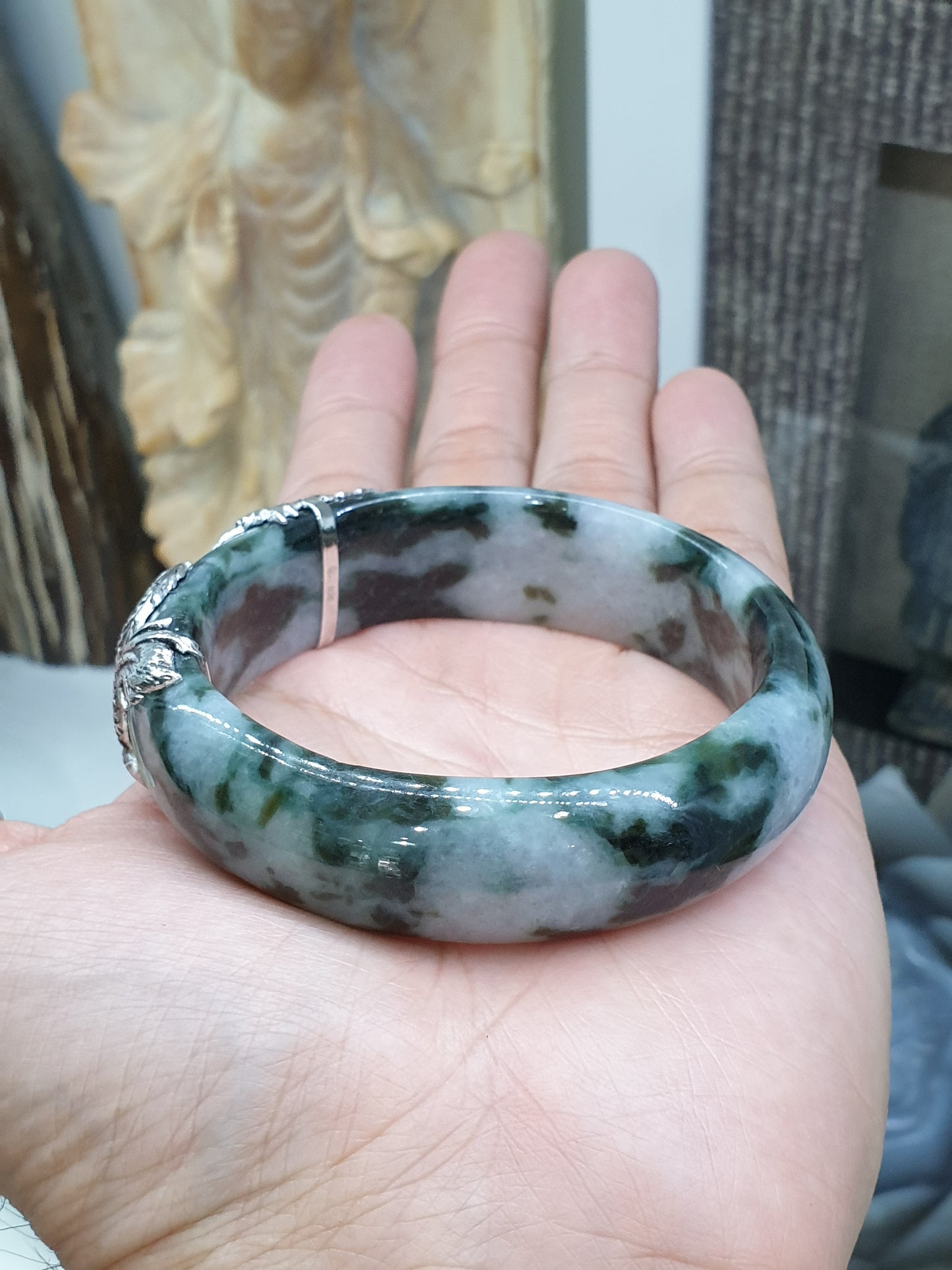 Fortune Dragon Jade Bangle (S 59) | Sterling Silver | Type A Natural Jadeite | Statement Wrist Accessory
