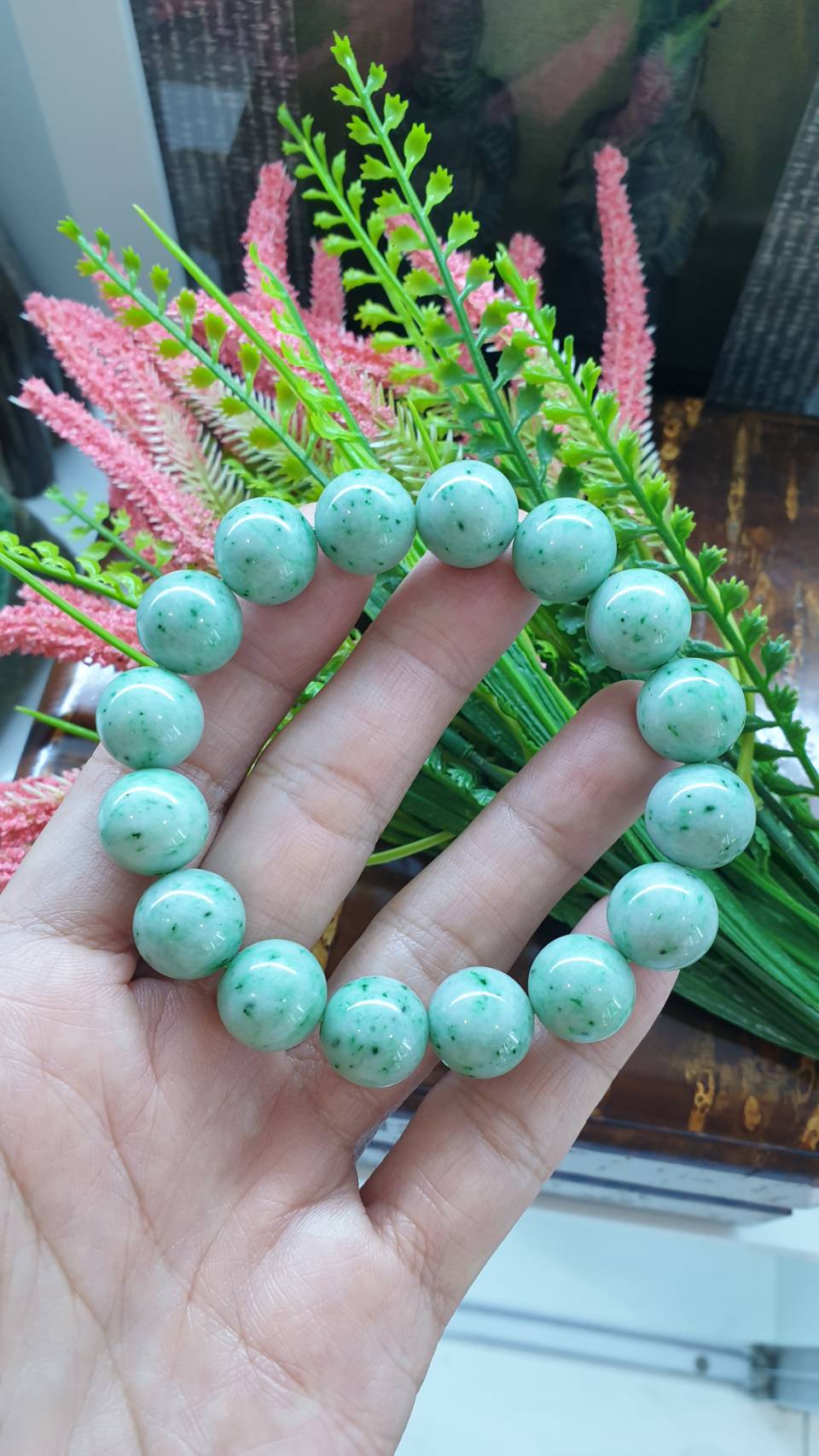 Jade Bracelet 17.5cm Speckled Green Type A Natural Jadeite 13.5mm Beads