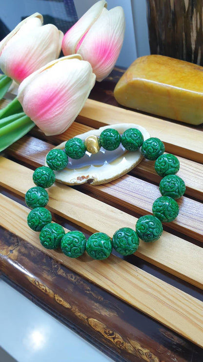 24K Gold Fei Cui Green Jade Ru Yi Beads Bracelet 17cm Type A Natural Myanmar Jadeite