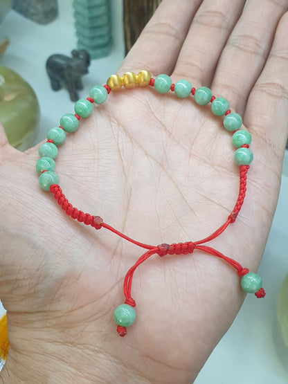 24K Pure Gold Ingot Bracelet with Natural Apple Green Fei Cui Jadeite and Red Thread