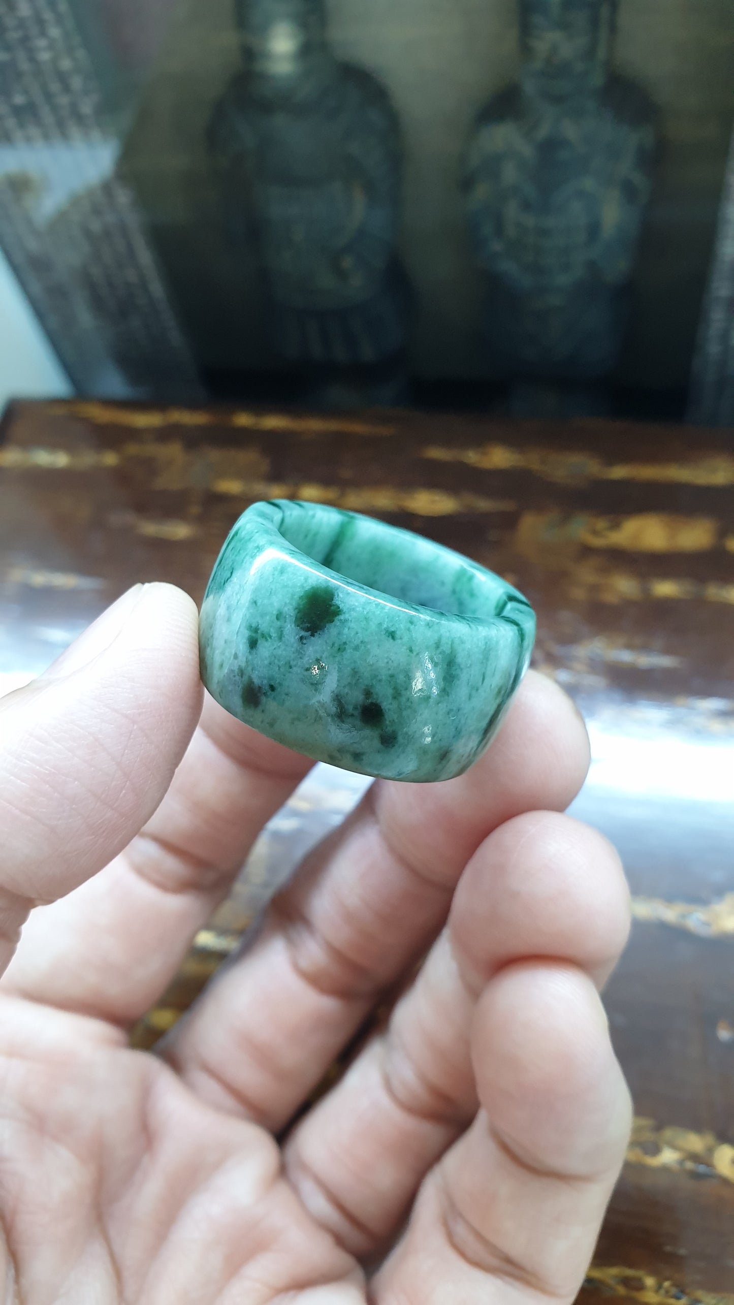 Type A Natural Jadeite Domed Ring Grayish Green Striated - US Size 13