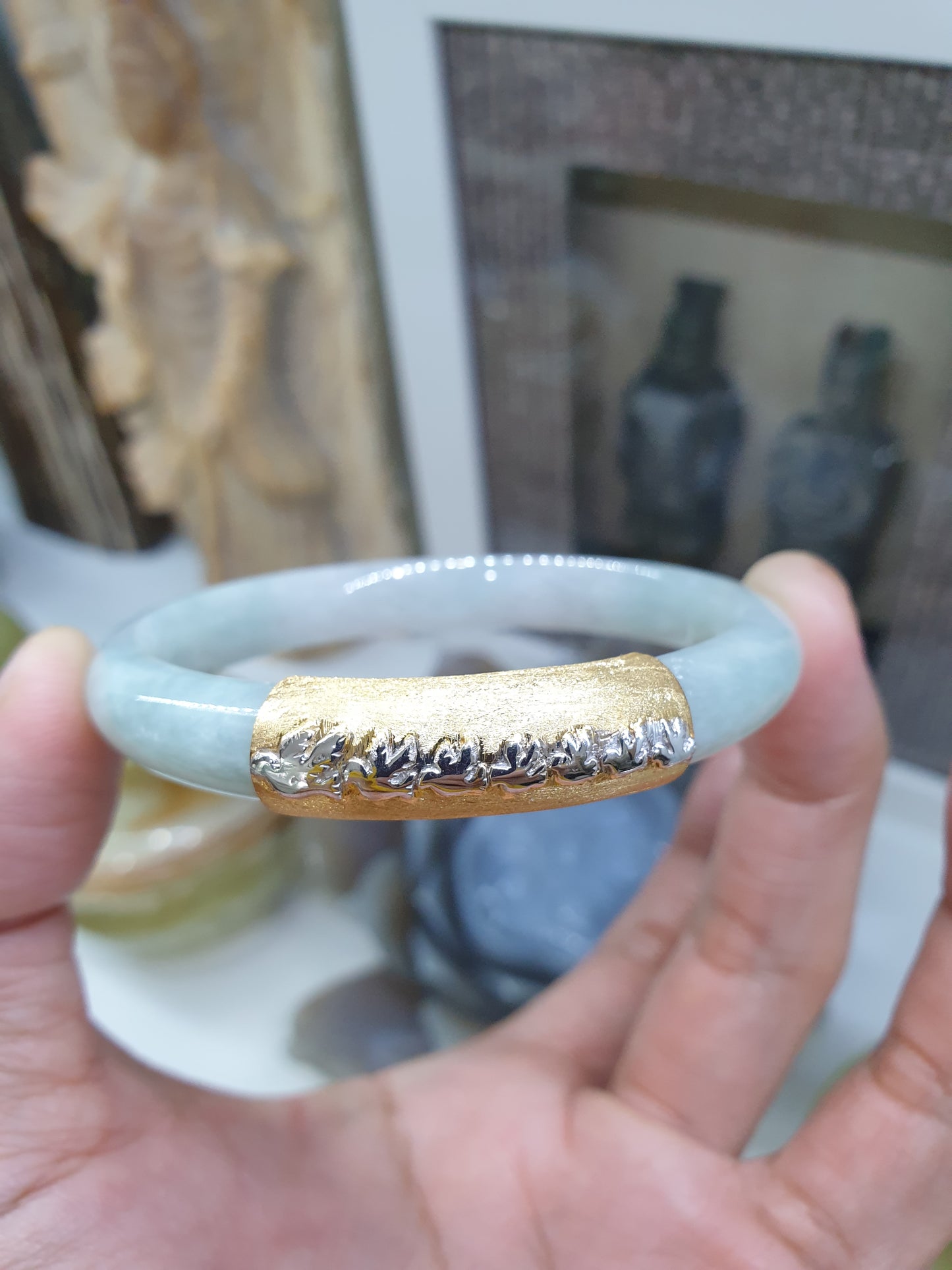 Flying Doves on Jade Bangle (S 57) | Solid 9K Gold, Fei Cui Original Jadeite | Stylish Wrist Accessory for Her