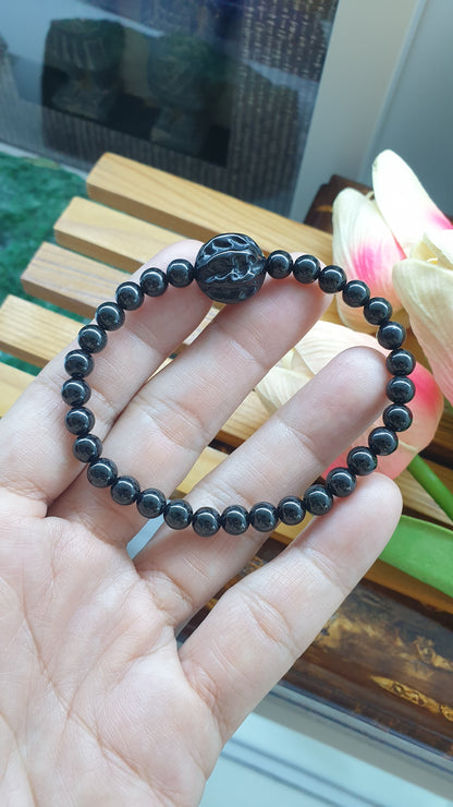 Black Jade Bodhi Wisdom Bracelet 17cm Type A Natural Burma Jadeite 6mm Beads